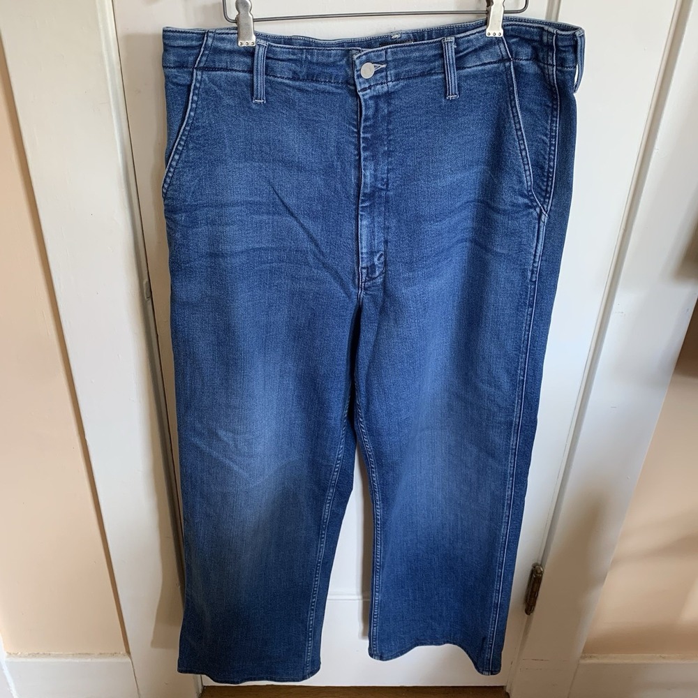 MOTHER The Major Zip Sneak Jeans Sz 34 Blue High Waist Wide Leg Cotton Modal